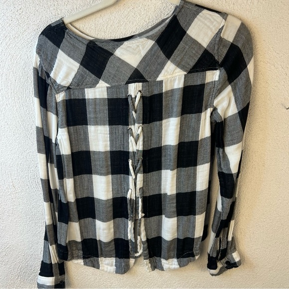 Cloth & Stone Buffalo Check Gauze Lace Up Back Long Sleeve Women’s Top Small - Picture 4 of 5